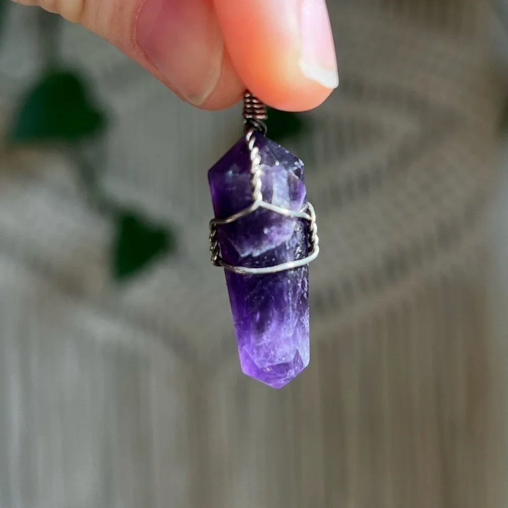 1” Amethyst Crystal Point Pendant Boho, Hippie, Spiritual, Healing Stone Jewelry